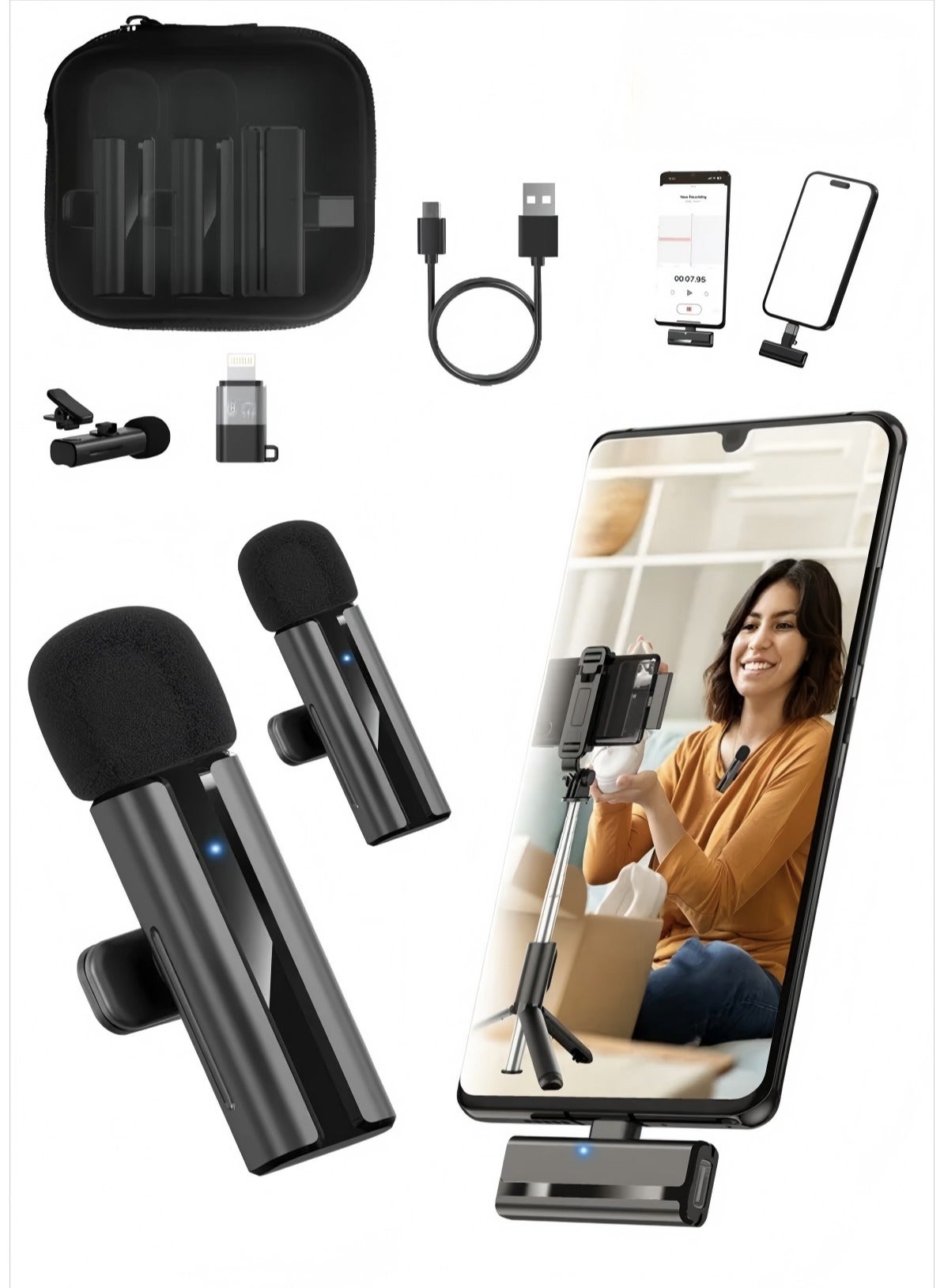 Wireless Lavalier Microphone for Type-C Phone- Plug-Play Wireless Mic with 2 Microphone for USB-C Android Phone and iPhone Video Recording- Interview- Vlog- Auto Sync and Noise Reduction- 2.4 GHZ