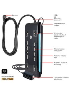 GE GE UltraPro 12 Outlet Surge Protector, Tethered 2 USB Ports, 8 Ft Power Cord, 4320 Joules, Flat Plug, Power Filter, Circuit Breaker, Warranty, UL Listed, Black, 11824  - Image 2