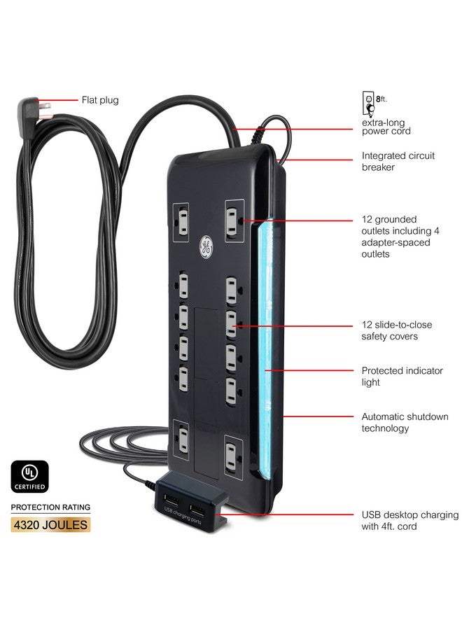 GE GE UltraPro 12 Outlet Surge Protector, Tethered 2 USB Ports, 8 Ft Power Cord, 4320 Joules, Flat Plug, Power Filter, Circuit Breaker, Warranty, UL Listed, Black, 11824  - Image 2