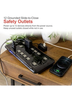 GE GE UltraPro 12 Outlet Surge Protector, Tethered 2 USB Ports, 8 Ft Power Cord, 4320 Joules, Flat Plug, Power Filter, Circuit Breaker, Warranty, UL Listed, Black, 11824  - Image 3