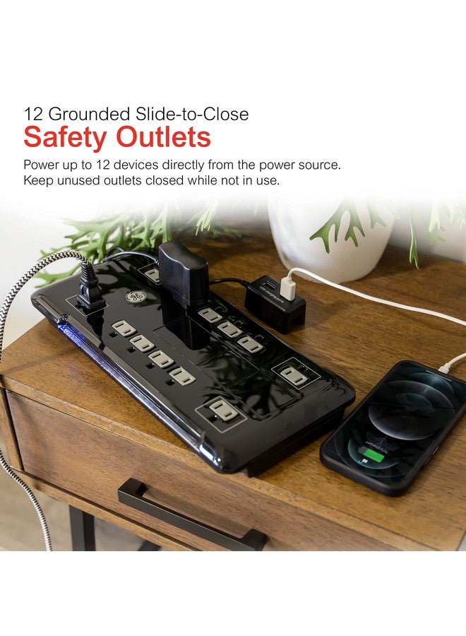GE GE UltraPro 12 Outlet Surge Protector, Tethered 2 USB Ports, 8 Ft Power Cord, 4320 Joules, Flat Plug, Power Filter, Circuit Breaker, Warranty, UL Listed, Black, 11824  - Image 3