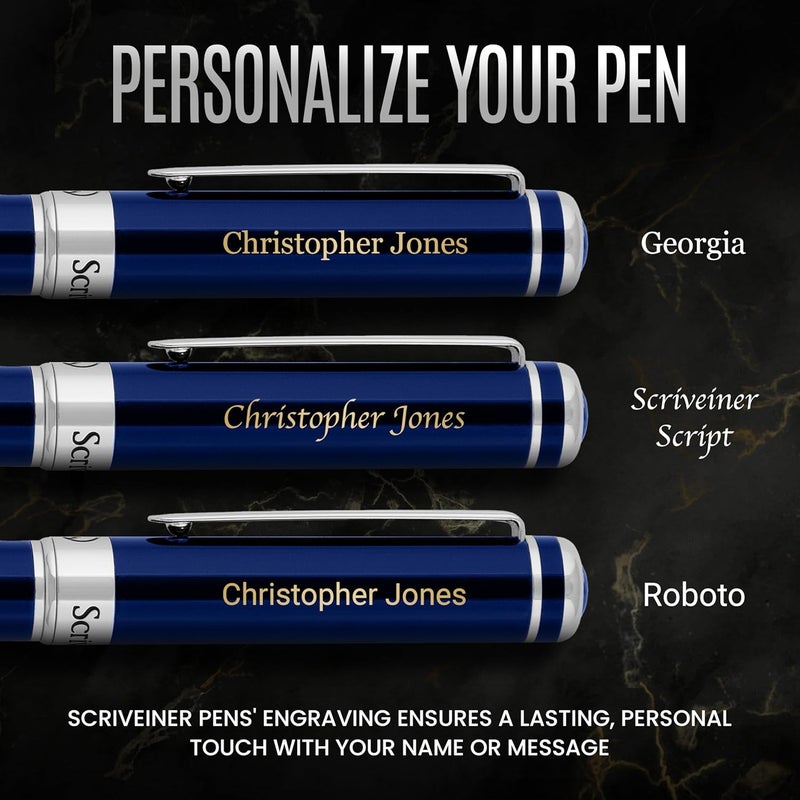 Scriveiner Personalized Midnight Blue Rollerball Pen - Stunning Blue Lacquer Luxury Pen, Chrome Finish, Schmidt Ink Refill, Best Engraved Roller Ball Gift Set for Men & Women, Custom Name Engraving - Image 2