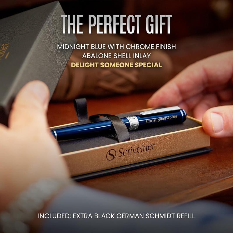 Scriveiner Personalized Midnight Blue Rollerball Pen - Stunning Blue Lacquer Luxury Pen, Chrome Finish, Schmidt Ink Refill, Best Engraved Roller Ball Gift Set for Men & Women, Custom Name Engraving - Image 3