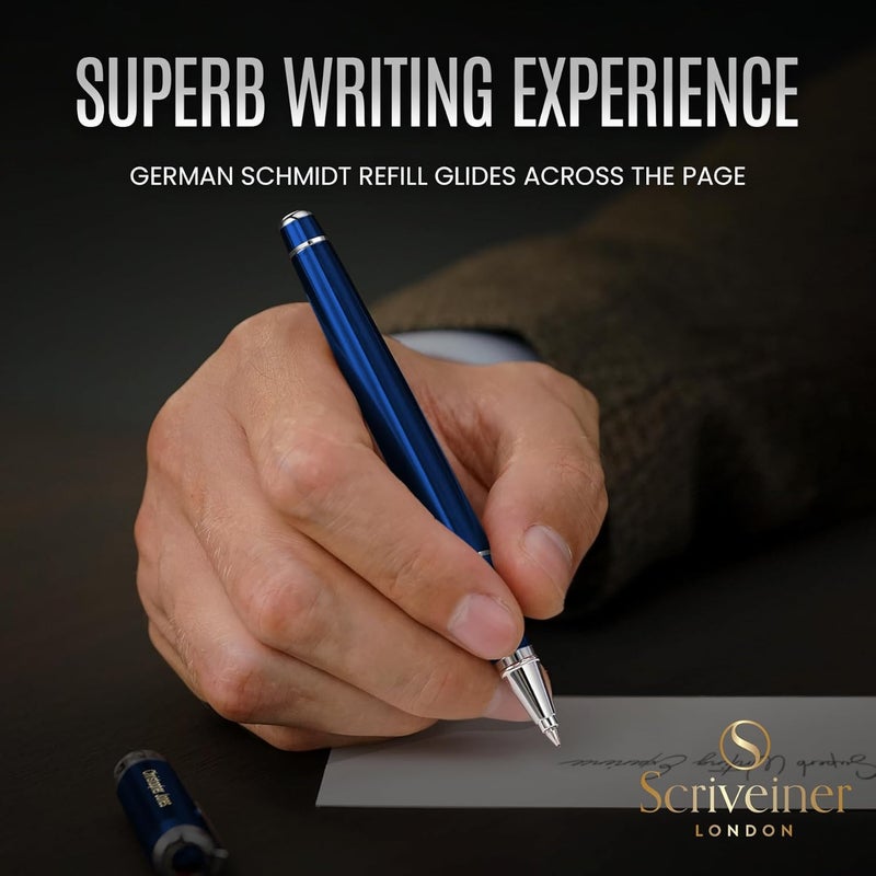 Scriveiner Personalized Midnight Blue Rollerball Pen - Stunning Blue Lacquer Luxury Pen, Chrome Finish, Schmidt Ink Refill, Best Engraved Roller Ball Gift Set for Men & Women, Custom Name Engraving - Image 4