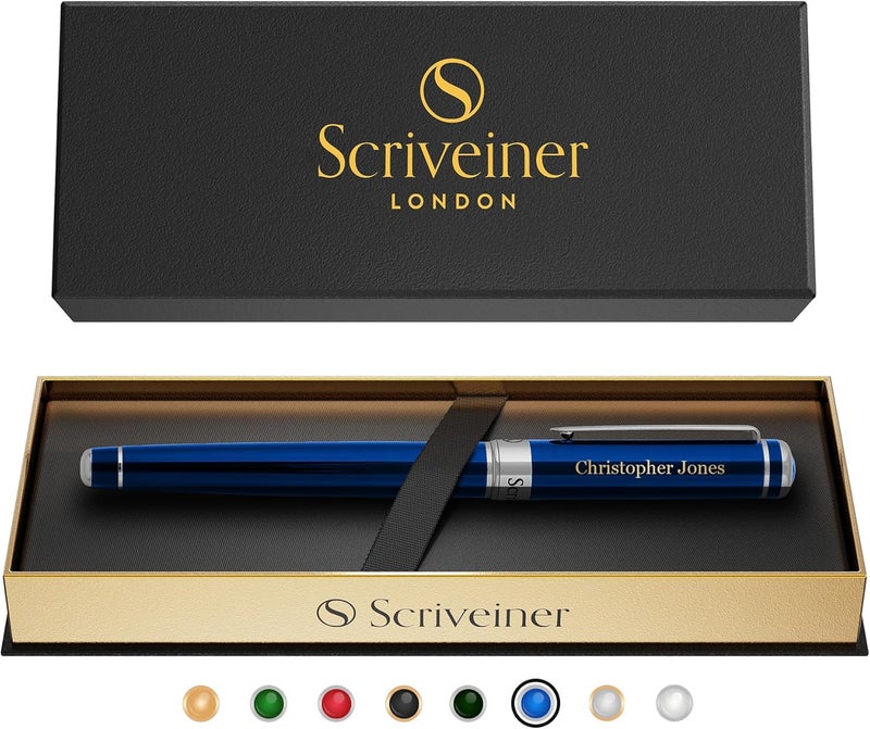 Scriveiner Personalized Midnight Blue Rollerball Pen - Stunning Blue Lacquer Luxury Pen, Chrome Finish, Schmidt Ink Refill, Best Engraved Roller Ball Gift Set for Men & Women, Custom Name Engraving - Image 1