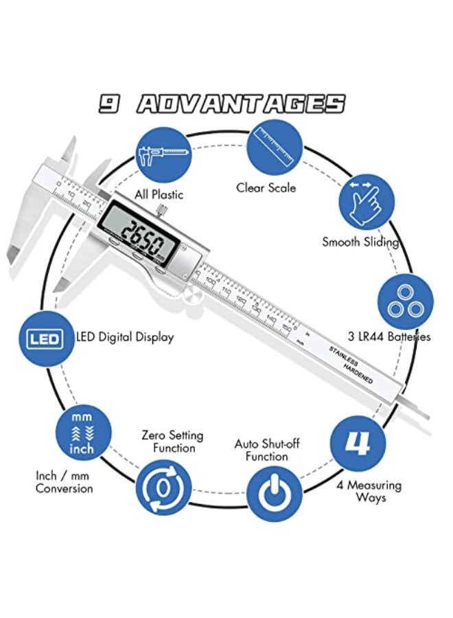 مقياس رقمي EZT 150 مم، 6 بوصة مقياس فرنييه رقمي، مصنوع من الفولاذ المقاوم للصدأ، دقة ±0.03 مم، ميزة الإيقاف التلقائي، تحويل بين البوصة والمليمتر - Image 4
