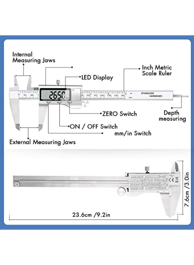 مقياس رقمي EZT 150 مم، 6 بوصة مقياس فرنييه رقمي، مصنوع من الفولاذ المقاوم للصدأ، دقة ±0.03 مم، ميزة الإيقاف التلقائي، تحويل بين البوصة والمليمتر - Image 5