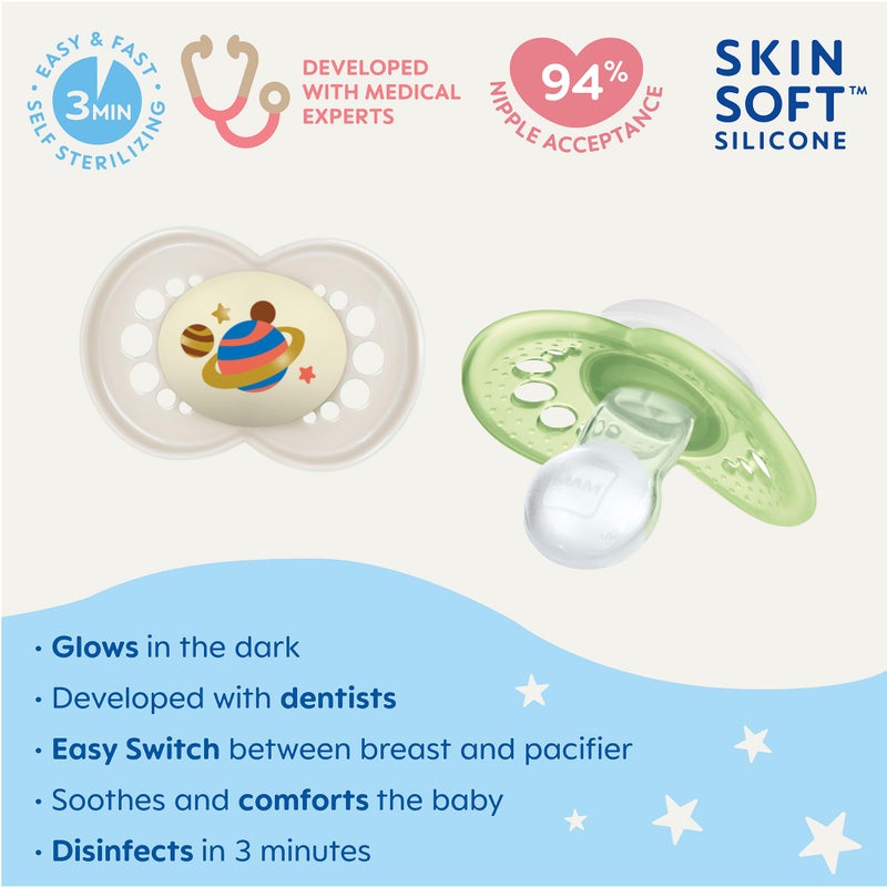 MAM Original Night Pacifiers, Binky Pacifier for 6-16 Months, BPA-Free Silicone, Glows in The Dark, Best for Newborn Babies, Developed with Medical Experts, 2 Count Binkies, with Sterilizer Case - Image 2