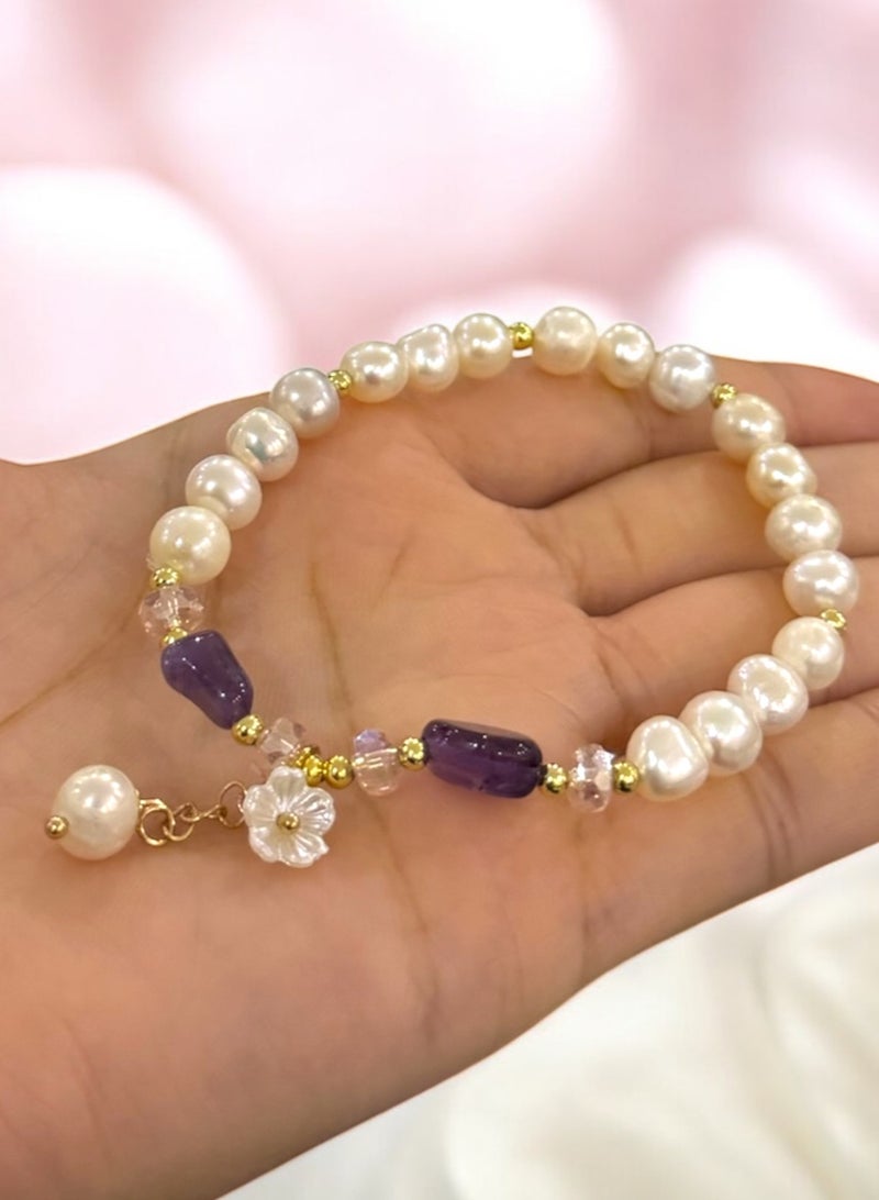 Casual collection Elegant & High Quality Pearl Bracelet With Amethyst Gemstone Free Size For Women - Image 1