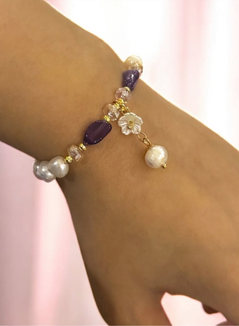 Casual collection Elegant & High Quality Pearl Bracelet With Amethyst Gemstone Free Size For Women - Image 2