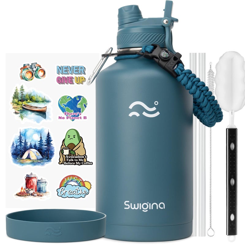 Swigina [2-IN-1 LID] 64 oz Insulated Water Bottle with Silicone Boot (48hrs Cold/24hrs Hot) - DIY Stickers, Leakproof, BPA Free, Half Gallon - Image 1