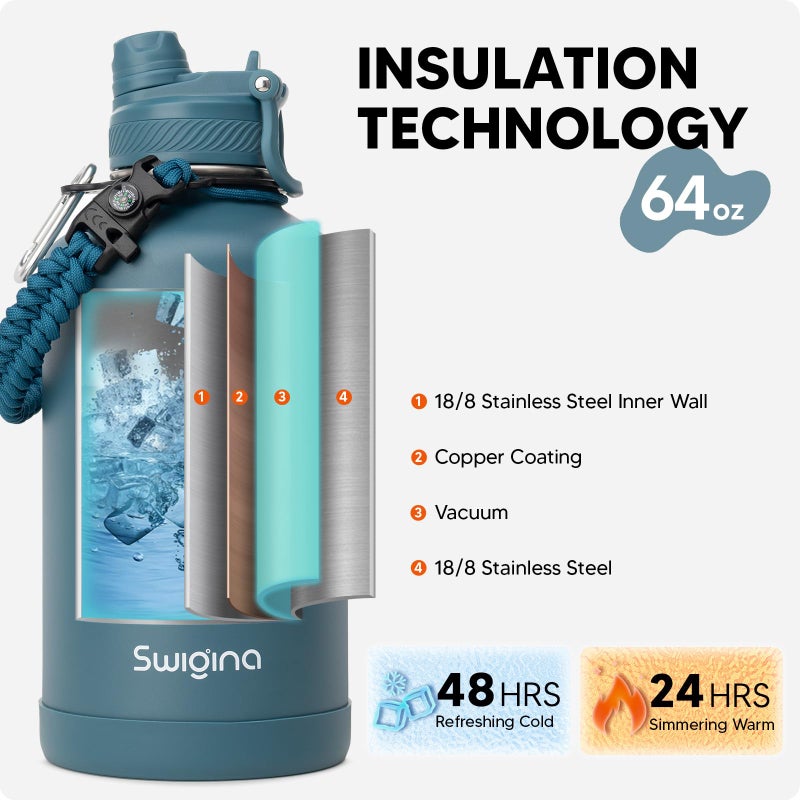 Swigina [2-IN-1 LID] 64 oz Insulated Water Bottle with Silicone Boot (48hrs Cold/24hrs Hot) - DIY Stickers, Leakproof, BPA Free, Half Gallon - Image 2
