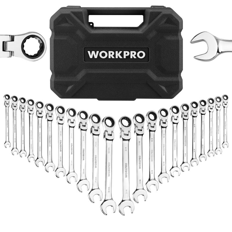 WORKPRO 22-Piece Ratcheting Wrench Set, Flex-Head Ratchet Combination Wrench Sets with Organizer Box, 72 Teeth, Metric 6-18mm & SAE 1/4-3/4" - Image 1