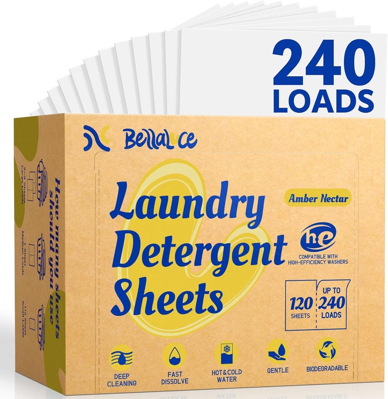Bellaluce Laundry Detergent Sheets, 240 Loads, Amber Nectar Scent | Plastic-Free Laundry Detergent, Fast-Dissolving, Hypoallergenic Formula Laundry Sheets, Space-Saving for Home, Dorms & Travel - Image 1
