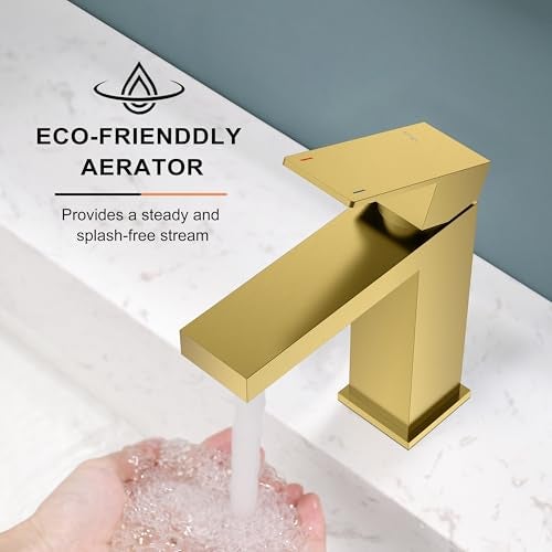 KENES Brushed Gold Bathroom Faucets, Modern Single Hole Lavatory Vanity Faucet, Single Handle Bathroom Sink Faucet Gold, with Pop Up Drain & Water Supply Hoses LJ-9031-4 - Image 5