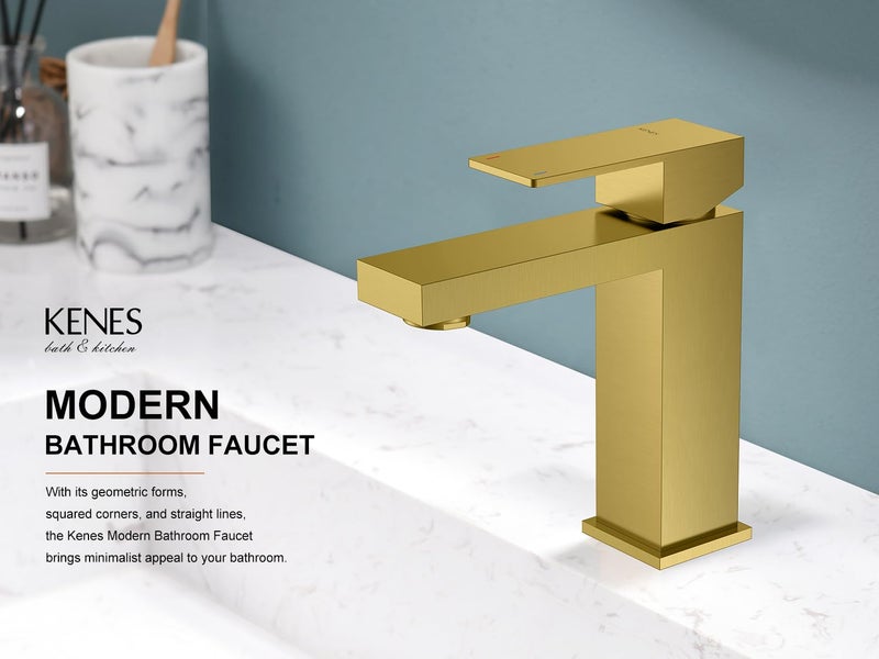 KENES Brushed Gold Bathroom Faucets, Modern Single Hole Lavatory Vanity Faucet, Single Handle Bathroom Sink Faucet Gold, with Pop Up Drain & Water Supply Hoses LJ-9031-4 - Image 2