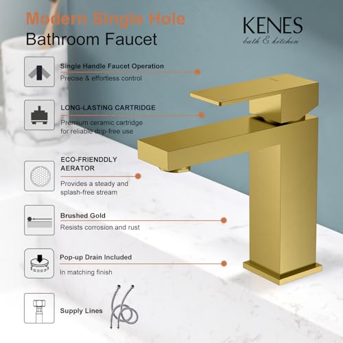 KENES Brushed Gold Bathroom Faucets, Modern Single Hole Lavatory Vanity Faucet, Single Handle Bathroom Sink Faucet Gold, with Pop Up Drain & Water Supply Hoses LJ-9031-4 - Image 3