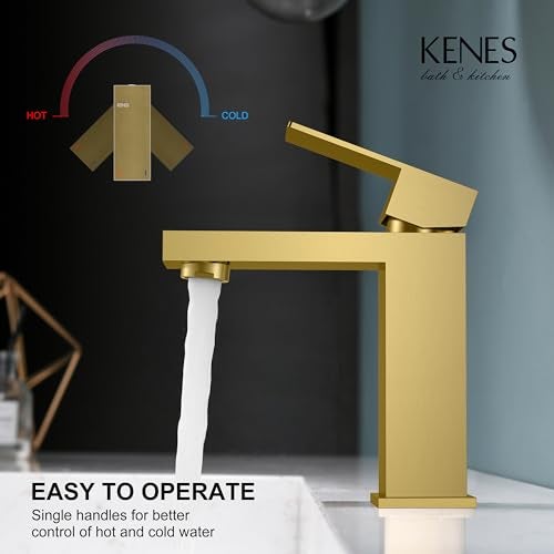 KENES Brushed Gold Bathroom Faucets, Modern Single Hole Lavatory Vanity Faucet, Single Handle Bathroom Sink Faucet Gold, with Pop Up Drain & Water Supply Hoses LJ-9031-4 - Image 4