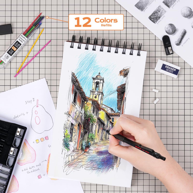 Nicpro مجموعة أقلام رصاص ميكانيكية معدنية سوداء من نيكبرو 35 قطعة في علبة، قلم رسم 0.5، 0.7، 0.9 مم و 3 قطع حامل رصاص 2 مم للرسم والتخطيط مع 20 أنبوب إعادة تعبئة رصاص (6B 4B 2B HB 2H 4H ألوان) - Image 4