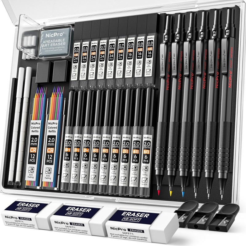Nicpro مجموعة أقلام رصاص ميكانيكية معدنية سوداء من نيكبرو 35 قطعة في علبة، قلم رسم 0.5، 0.7، 0.9 مم و 3 قطع حامل رصاص 2 مم للرسم والتخطيط مع 20 أنبوب إعادة تعبئة رصاص (6B 4B 2B HB 2H 4H ألوان) - Image 1