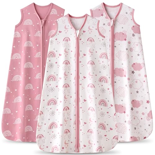 FIEMOL Baby Sleep Sack 6-12 months, 100% Cotton Sleeping Sack for Newborn and Infant, 3 Pack Baby Wearable Blanket, 0.5 Tog Lightweight Double Zipper Sleep Bag Medium Pink Rainbow - Image 1