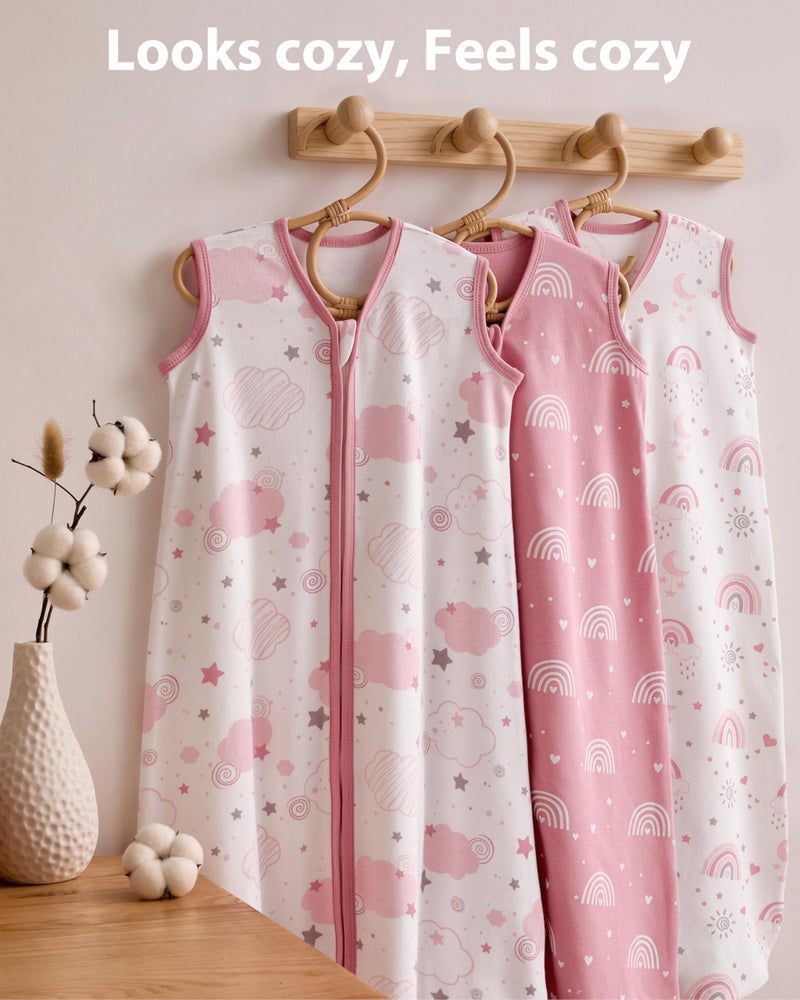 FIEMOL Baby Sleep Sack 6-12 months, 100% Cotton Sleeping Sack for Newborn and Infant, 3 Pack Baby Wearable Blanket, 0.5 Tog Lightweight Double Zipper Sleep Bag Medium Pink Rainbow - Image 4
