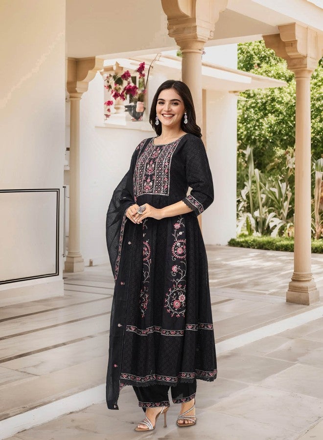 ISHIN Women's Black 100% Cotton Embroidered A-Line Kurta Set  - Image 5