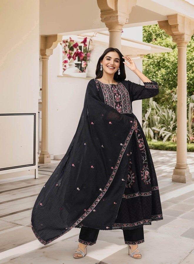 ISHIN Women's Black 100% Cotton Embroidered A-Line Kurta Set  - Image 2
