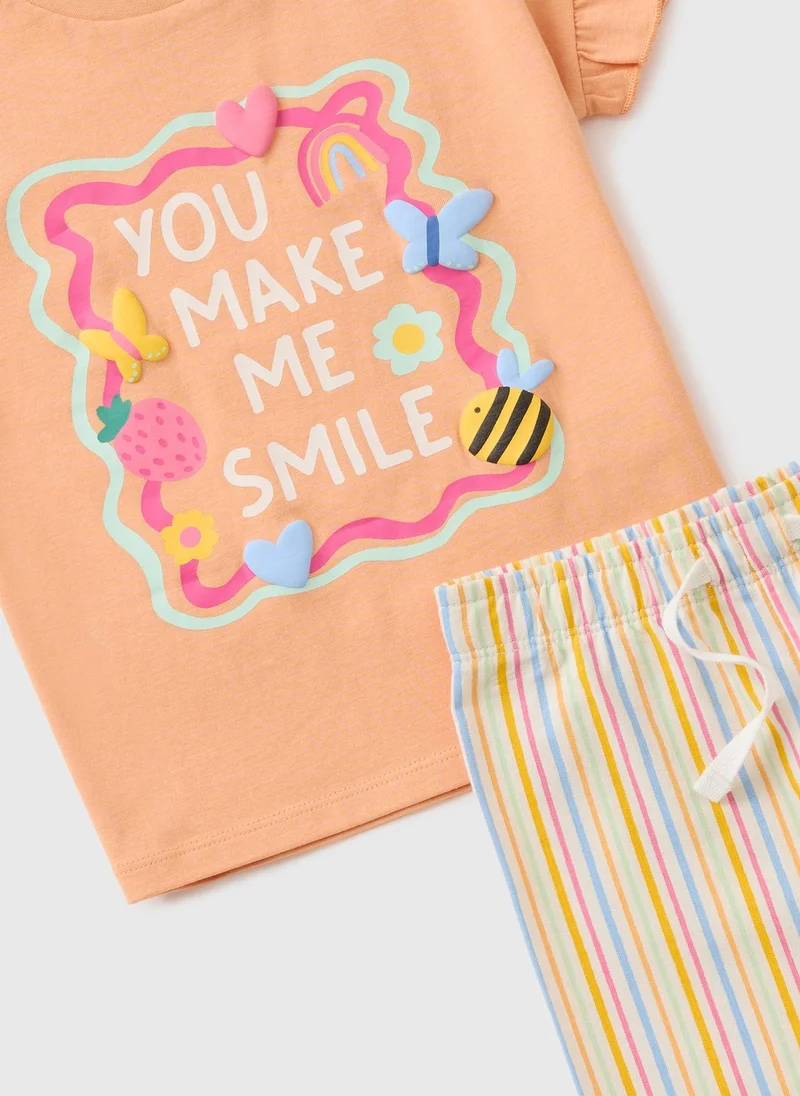 ماتلان Girls Peach Smile Stripe Top & Trouser Set
