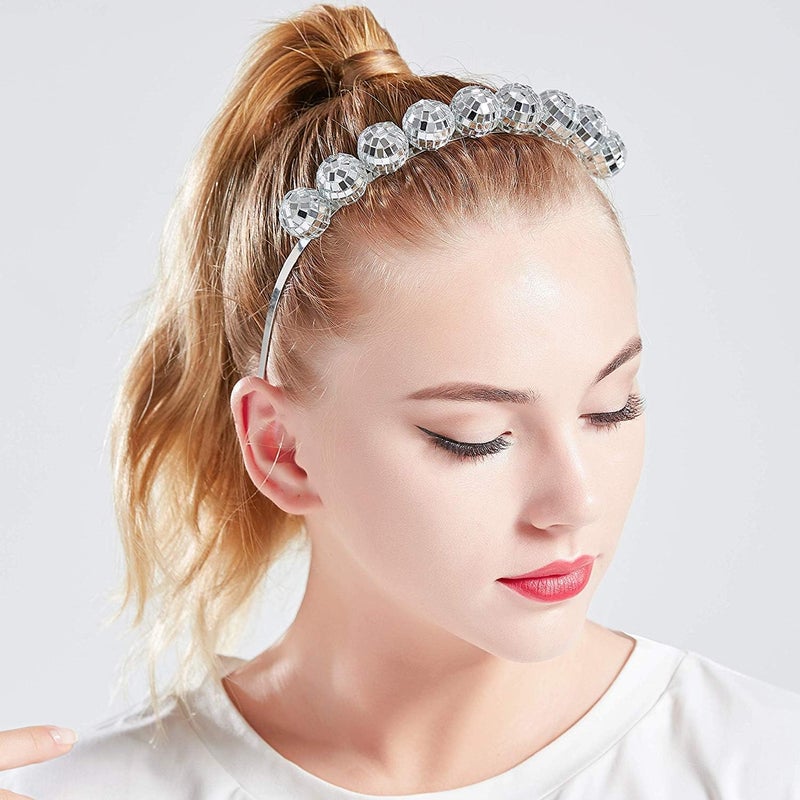 Coucoland Vintage Disco Ball Headband - 1970s Disco Costume Headpiece for Party (Silver) - Image 3