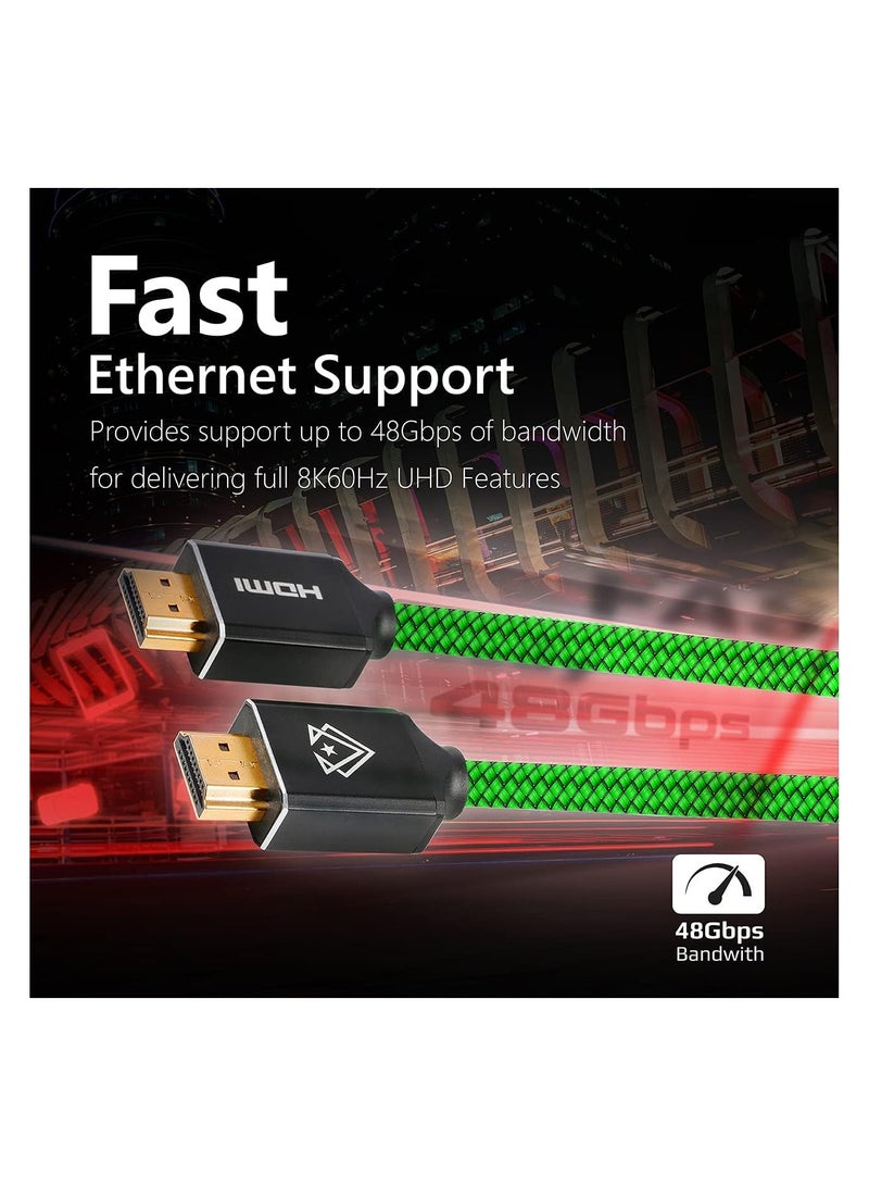 Vertux [1.5 Meters] 8K HDMI Cable | Ultra HD 48 Gbps High-Speed HDMI Cable [2 Years-Warranty] with High Resolution 8K60Hz Nylon Braided Cable | HDMI eARC Cable with] - Green - Image 3