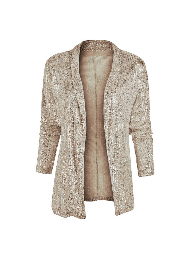 Spring New European And American Fashion Sequined Long-sleeve Elegant Mid-length Blazer With Turn-down Collar