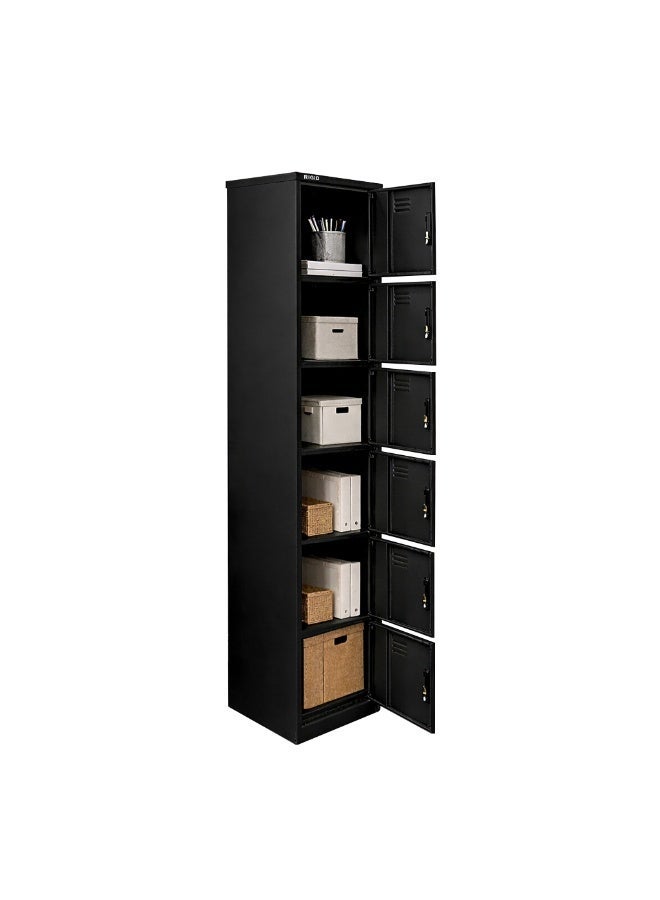 RIGID 6-Door Curved Steel Locker | Lockable Metal Storage Cabinet with 6 Compartments & Ventilation for Home, Office, Gym, School & Hospital (Black, 180H x 38W x 46.5D CM), Pre-Assembled