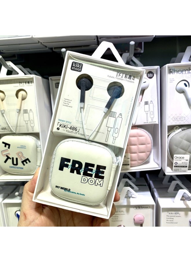 Ki-486 Wired Cartoon Storage Bag Typec Headset For Apple 15/16 Huawei Millet Typec Headset-Color:Gray