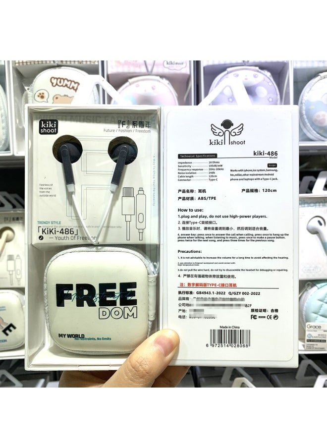 Ki-486 Wired Cartoon Storage Bag Typec Headset For Apple 15/16 Huawei Millet Typec Headset-Color:Gray