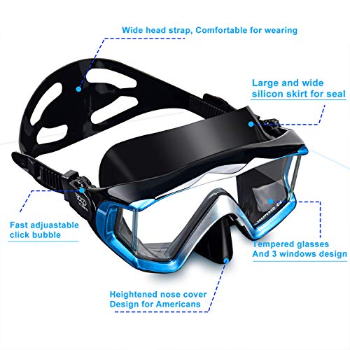 EXP VISION Adult Pano 3 Panoramic View Diving Mask, Tempered Glass Lens Scuba Snorkeling Dive Mask, Premium Swim Goggles with Nose Cover for Snorkeling, Freediving, Swimming (Blue) - Image 3