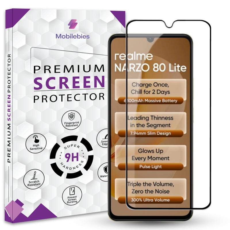 Mobilebies Premium Tempered Glass Screen Protector Guard For Realme Narzo 80 Lite 4G (6.74 Inch, Pack of 1) | Edge to Edge Coverage With Easy to installation kit - Image 1