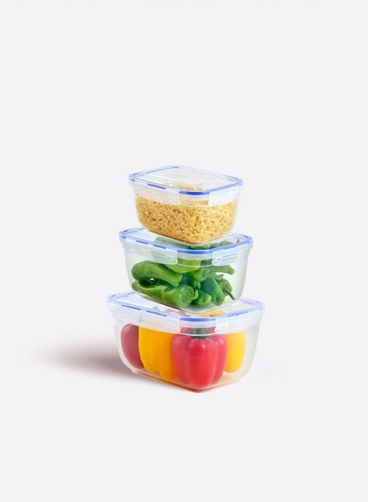 Dunya Plastik Seal rectangular storage container 3 piece set made of BPA free plastic airtight clip lid dishwasher & freezer safe easy store fruit & vegetables 1000-1800-3000 23L,17W,13H transparent - Image 1