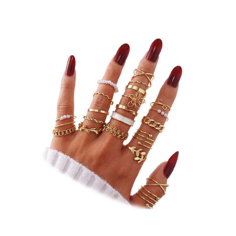 IFKM 21 Pcs Gold Knuckle Rings Set For Women Vintage Stackable Joint Finger Midi Rings Dainty Cubic Zirconia Crystal Simple Twist Hollow Cute Rings Pack Jewelry Gift (Forest Of Flowers, Gold) - Image 1