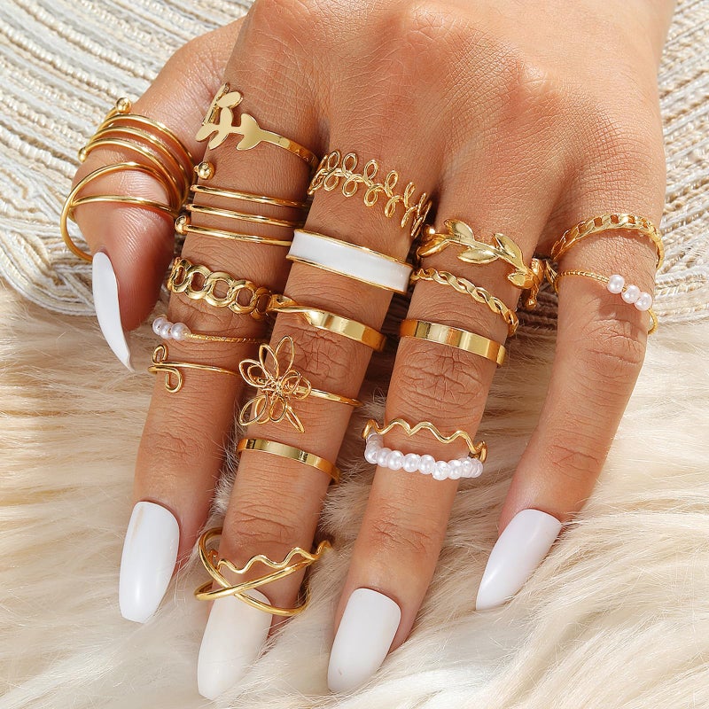 IFKM 21 Pcs Gold Knuckle Rings Set For Women Vintage Stackable Joint Finger Midi Rings Dainty Cubic Zirconia Crystal Simple Twist Hollow Cute Rings Pack Jewelry Gift (Forest Of Flowers, Gold) - Image 2