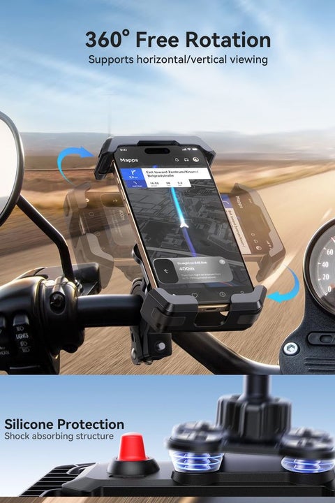 Shockproof 360° Rotating Adjustable Bike Phone Holder with High Quality Vibration Absorption Technology & Secure Lock – One-Handed Operation, Strong Grip, Universal Fit for All Smartphones – Road & MTB Handlebar Compatible for Cycle, Bike, Scooters and more - CE Certified (Engineered for your Phone's Safety)