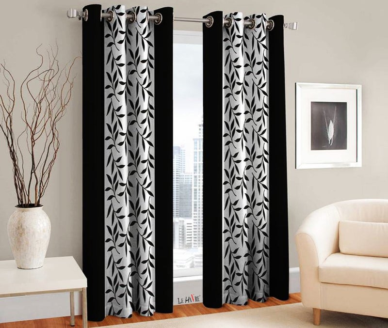 Milan Polyester Floral Window Curtain, Window 3 Feet, Black, Pack of 2 - Image 1