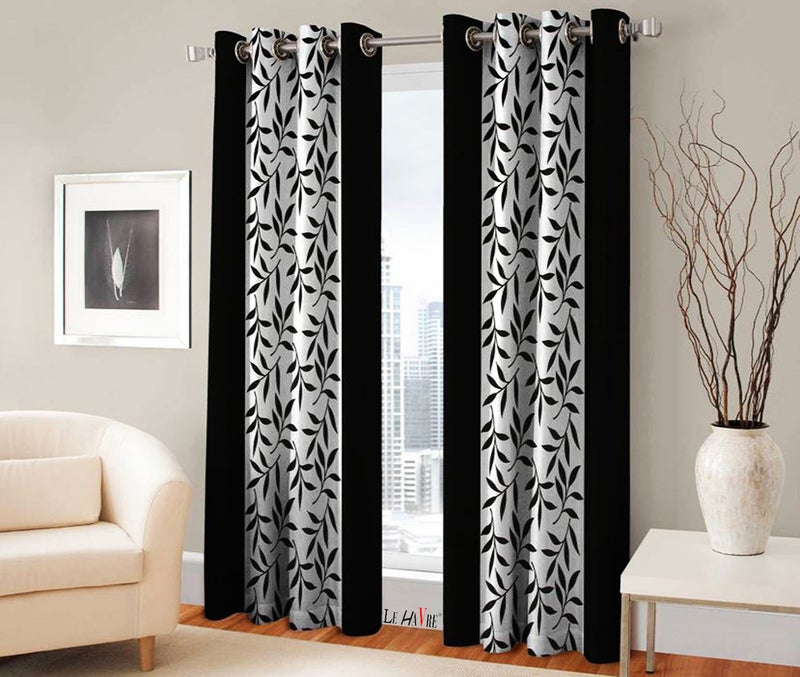 Milan Polyester Floral Window Curtain, Window 3 Feet, Black, Pack of 2 - Image 2
