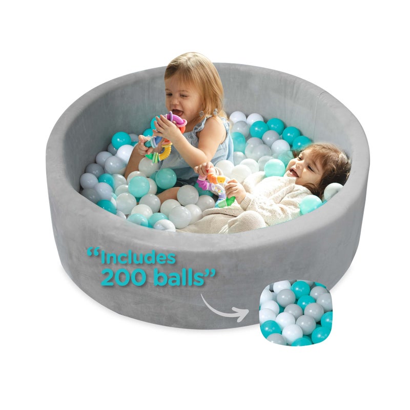 Nuby Velvet Ball Pit Soft Play Foam Ball Pits for Baby and Toddlers with 200 Colored Balls Included Ball Pit Playpen Indoor Play Gym Outdoor Play Ball Pit for Babies Bounce Ball Game Aqua Gray