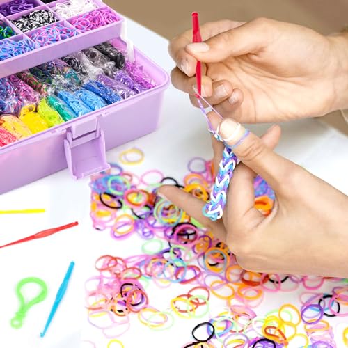 INSCRAFT 17500+ Rubber Loom Bands with 3 Layer Light Purple Container, 28 Colors, 600 S-Clips, 352 Beads, 40 Cartoon Pendant, Bracelet Making Refill Kit for Kids - Image 4