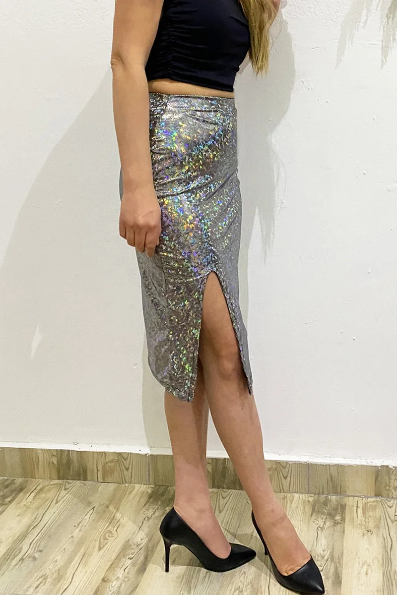Due Stelle Lycra Front Slit Hologram Skirt