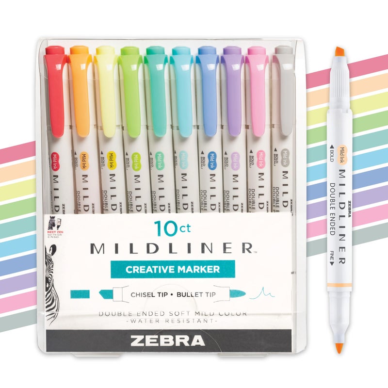 Zebra Pen Mildliner Dual-Tip Highlighter Marker Set, Broad and Fine Tips, No Bleed, Ideal for Bible Highlighting, Journaling and Note-Taking, Fluorescent and Cool Ink Colors, 10-Pack (78101) - Image 1