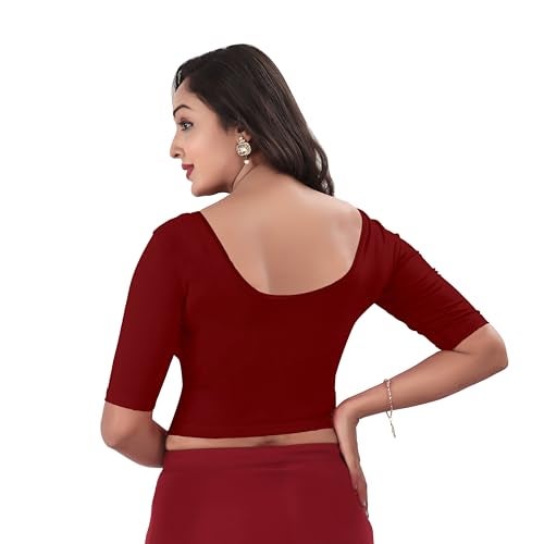 DESI GIRL - Round Neck Cotton Lycra Regular Fit Saree Blouse for Women | Bracelet - 3/4 Sleeve Readymade Stretchy Embroide Design Festive Blouse Perfect for Saree, Lehenga, Kurti | Red Maroon - 42 - Image 3