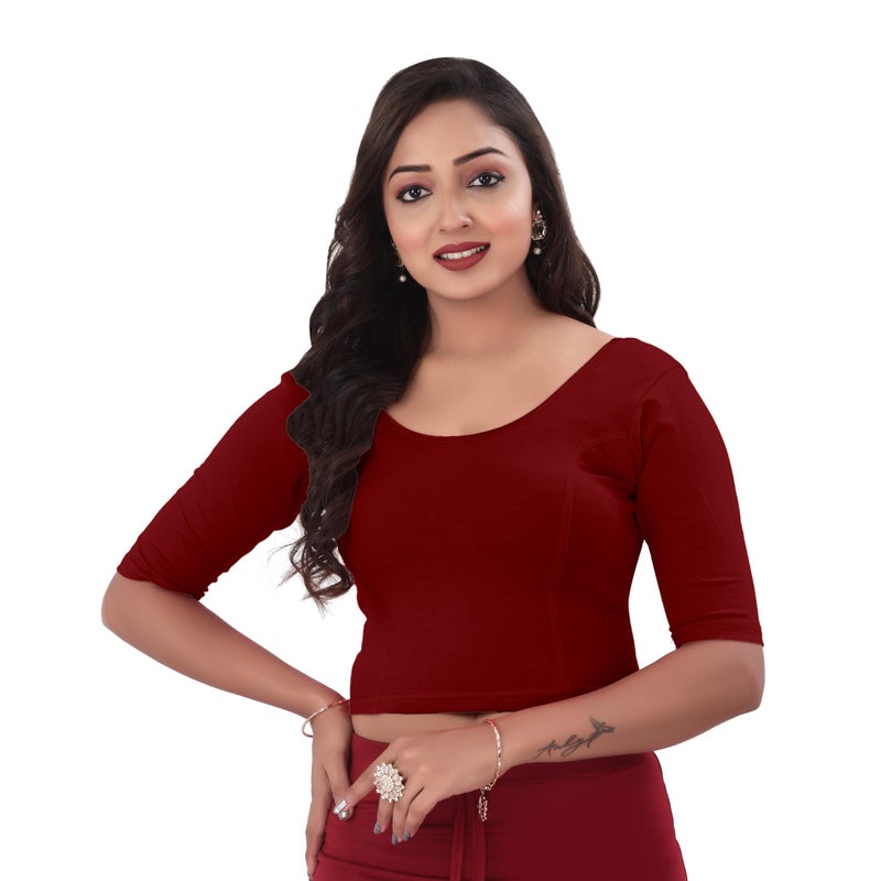 DESI GIRL - Round Neck Cotton Lycra Regular Fit Saree Blouse for Women | Bracelet - 3/4 Sleeve Readymade Stretchy Embroide Design Festive Blouse Perfect for Saree, Lehenga, Kurti | Red Maroon - 42 - Image 5