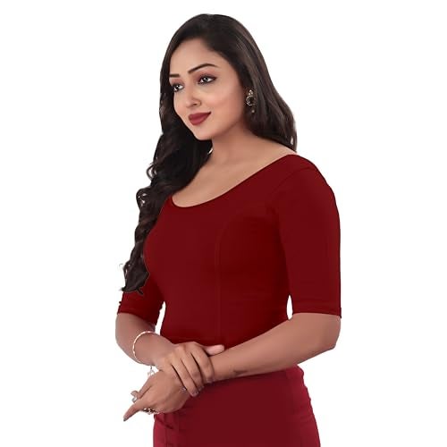 DESI GIRL - Round Neck Cotton Lycra Regular Fit Saree Blouse for Women | Bracelet - 3/4 Sleeve Readymade Stretchy Embroide Design Festive Blouse Perfect for Saree, Lehenga, Kurti | Red Maroon - 42 - Image 2